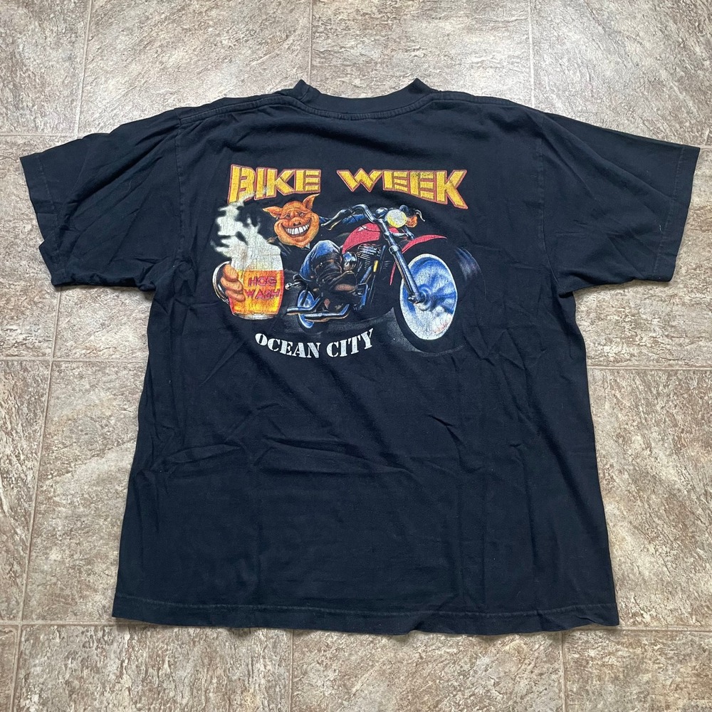 Vintage BNK Bike Week Ocean City Hog Wash Pig Motorcycle Graphic T-Shirt Large
